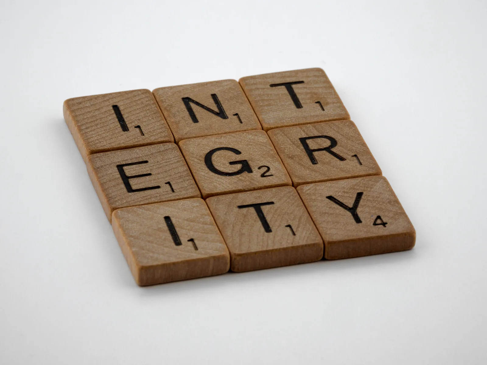 Wooden scrabble tiles spelling 'INTEGRITY' on a white background, emphasizing honesty and ethics. Checklist for spotting codes of conduct mistakes before they cost you