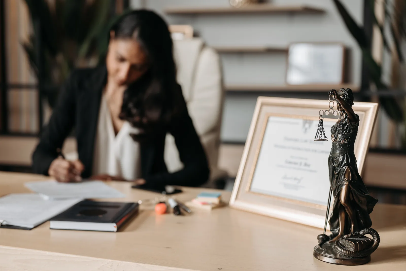 Focused woman writing at desk with Lady Justice figurine and certificate in office. Compliance Officer Personal Liability: What the DOJ Actually Looks For