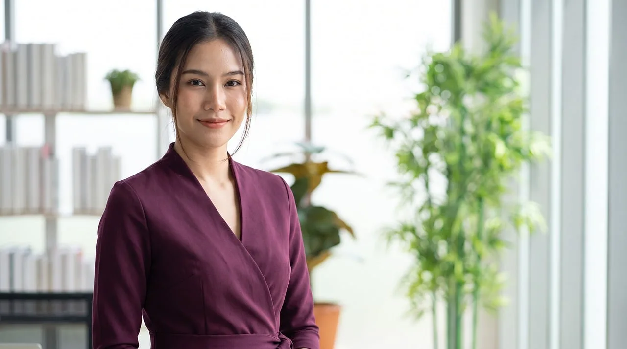 woman, asian, portrait, businesswoman, office, professional, smile, purple dress, confident, manager, interior, window, plant, nature, bookshelf, library, employee, career, office interior, modern, bright. What a serious leadership ethics checklist covers
